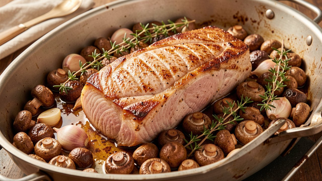 Seared beef loin roast sitting fat side up on a bed of browned mushrooms in a roasting pan