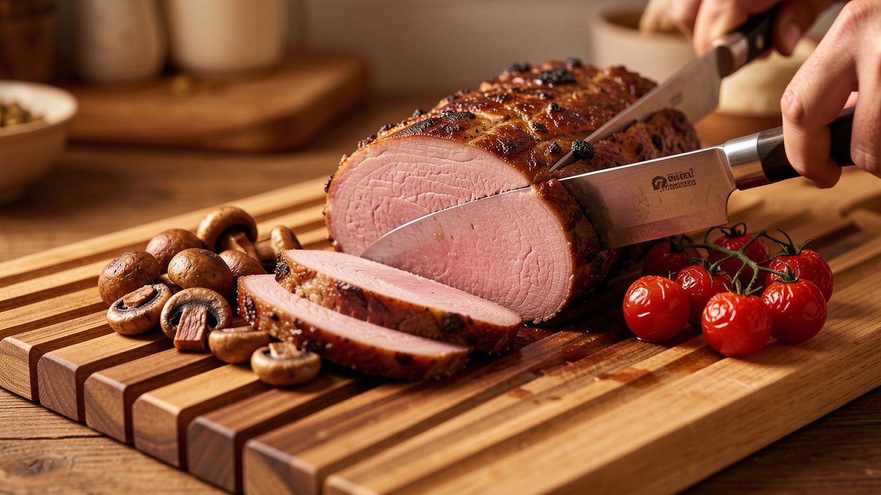 Carving rested roast beef into slices with a pink juicy interior