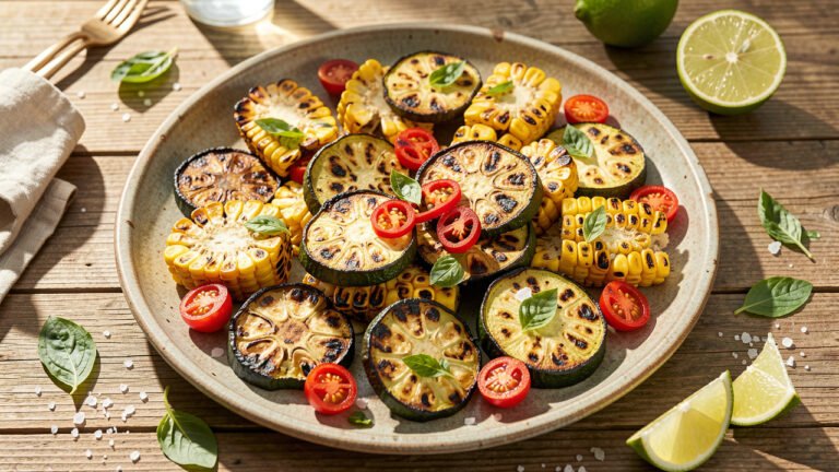 Platter of roasted corn and zucchini with spicy tomatoes, charred edges and torn basil on top
