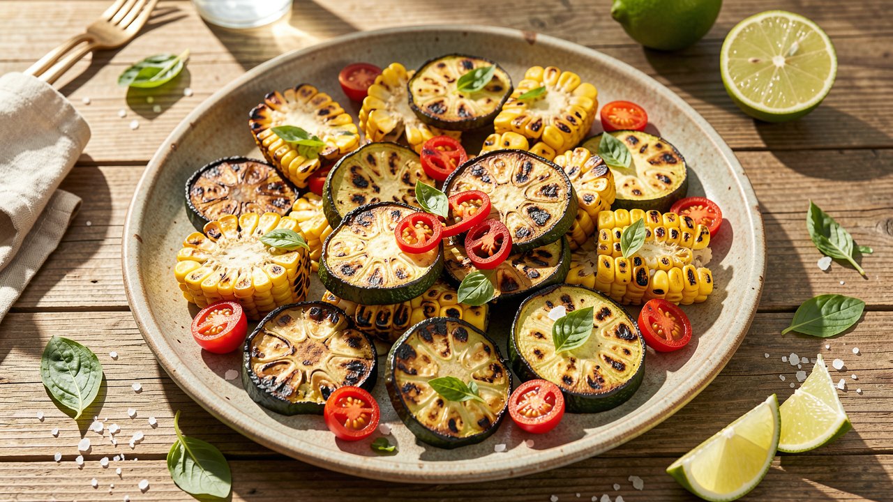 Platter of roasted corn and zucchini with spicy tomatoes, charred edges and torn basil on top