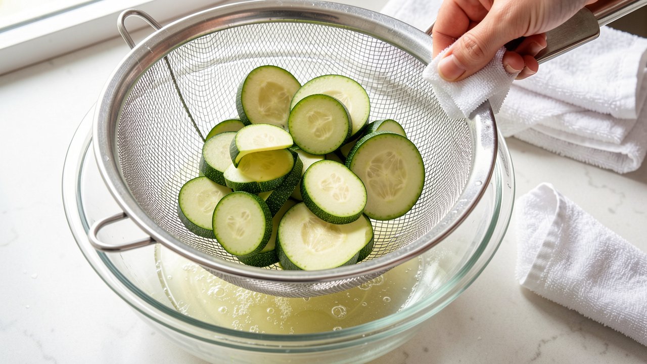 Salted zucchini half-moons draining in a colander with liquid collected in the bowl below