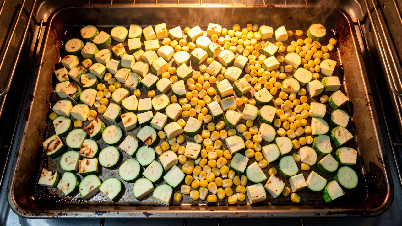 Zucchini chunks and corn kernels spread in a single layer on a preheated sheet pan