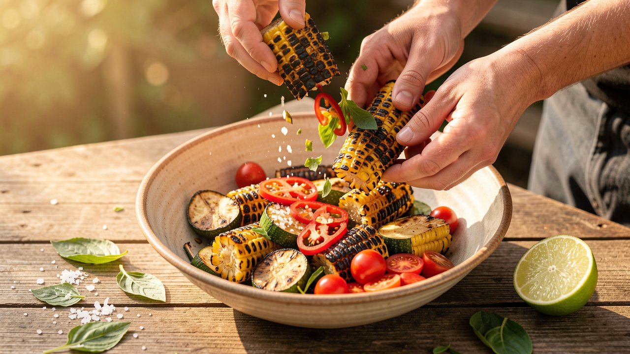 Charred corn and zucchini tossed with raw spicy tomatoes and fresh basil in a serving bowl