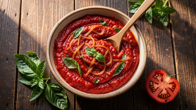 A bowl of thick roasted Roma tomato sauce with caramelized onion and fresh basil