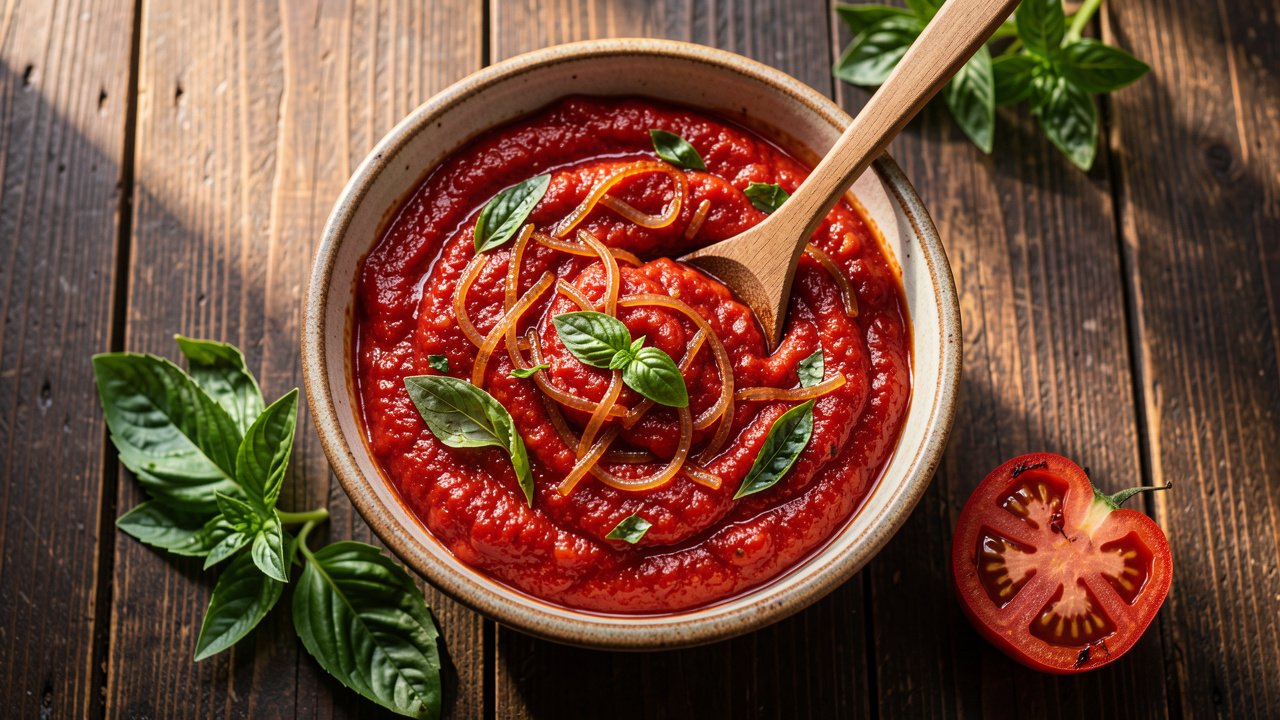 A bowl of thick roasted Roma tomato sauce with caramelized onion and fresh basil