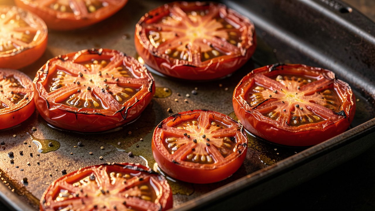Roasted Roma tomato halves cut-side up on a sheet pan with browned blistered edges