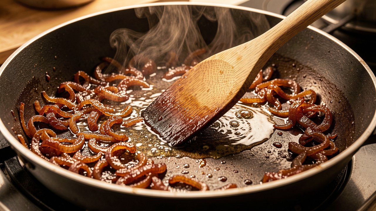 Deeply caramelized brown onions in a skillet being deglazed with water