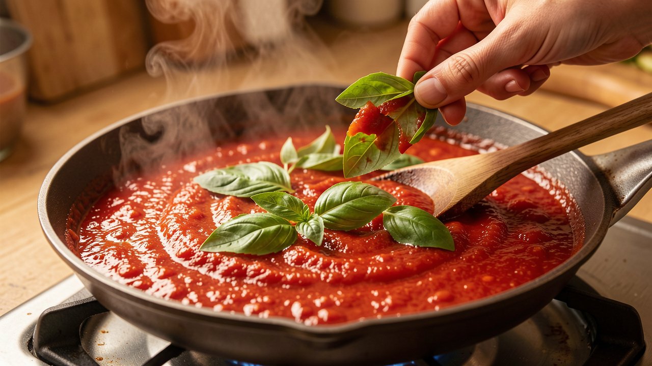 Finished roasted Roma tomato sauce in a skillet being finished with torn fresh basil