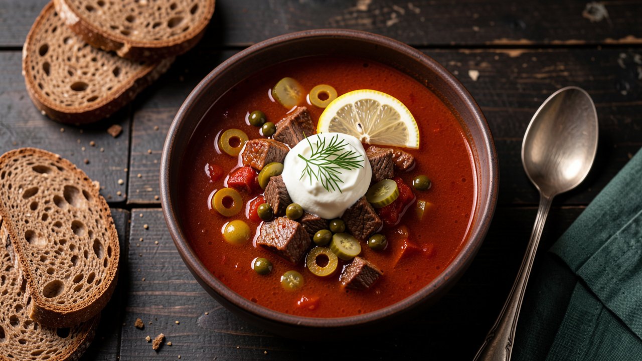 A bowl of dark tangy Russian solyanka topped with sour cream, a lemon slice, olives, and dill