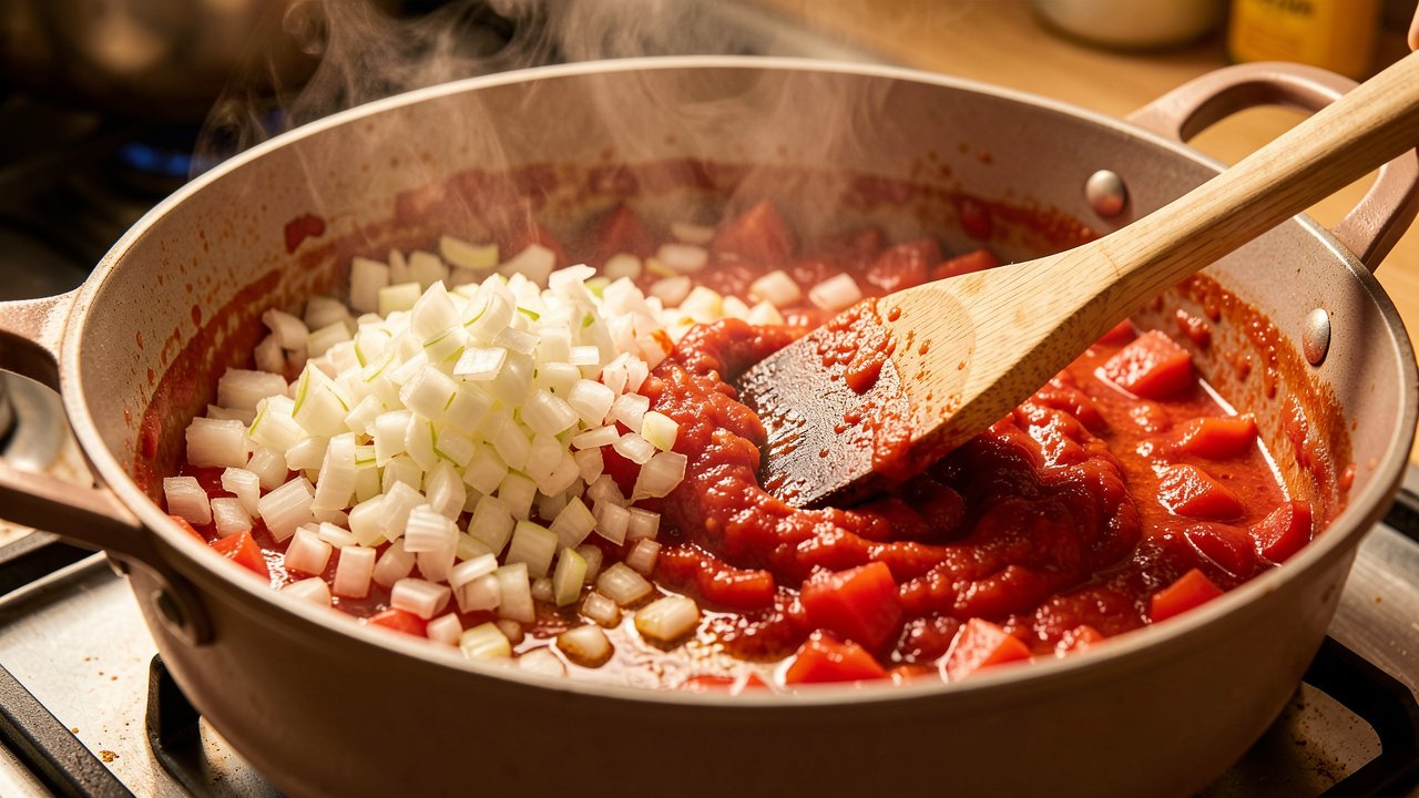 Onions, tomato paste, and chopped tomatoes cooking down into a deep red base in a pot