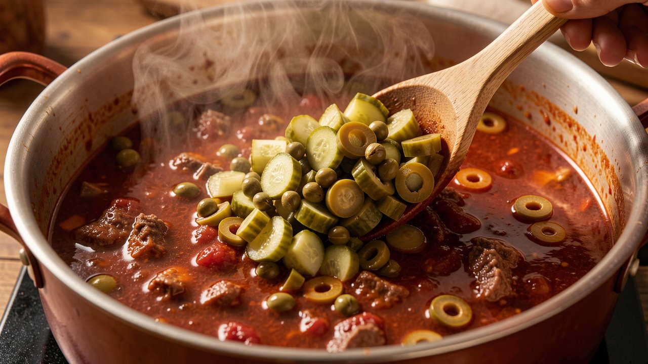 Chopped pickles, capers, and olives being stirred into a dark simmering solyanka broth