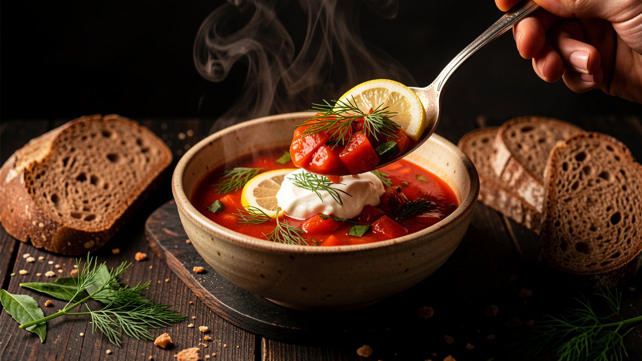 Finished solyanka ladled into a bowl and garnished with sour cream, a lemon slice, and dill