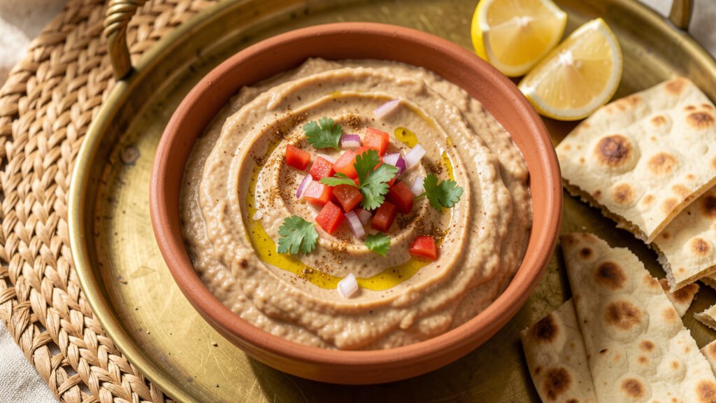 A bowl of creamy Sudanese salata aswad with mashed eggplant, peanut dressing, chopped tomato and cilantro, served with flatbread