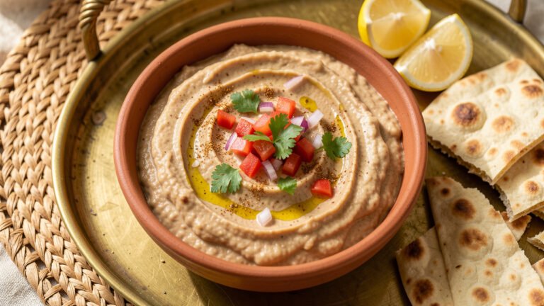 A bowl of creamy Sudanese salata aswad with mashed eggplant, peanut dressing, chopped tomato and cilantro, served with flatbread
