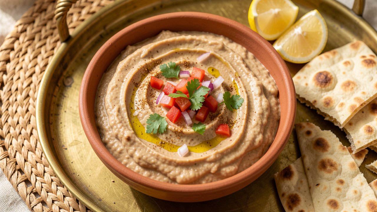 A bowl of creamy Sudanese salata aswad with mashed eggplant, peanut dressing, chopped tomato and cilantro, served with flatbread