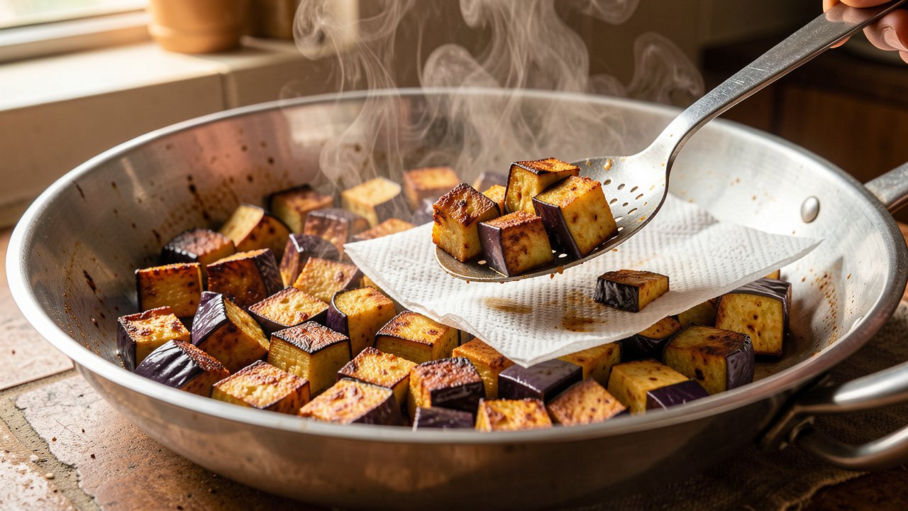 Golden fried eggplant cubes being lifted from a pan with a slotted spoon
