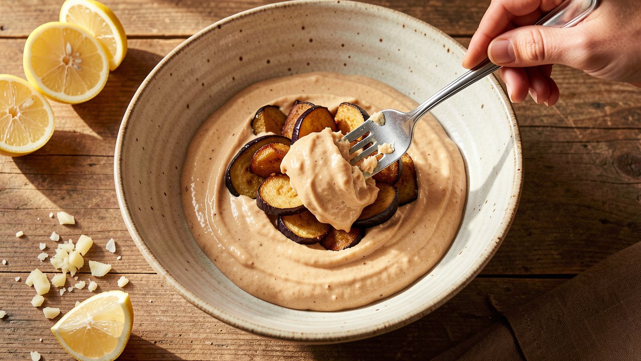 Fried eggplant being mashed with a fork into a creamy peanut butter dressing