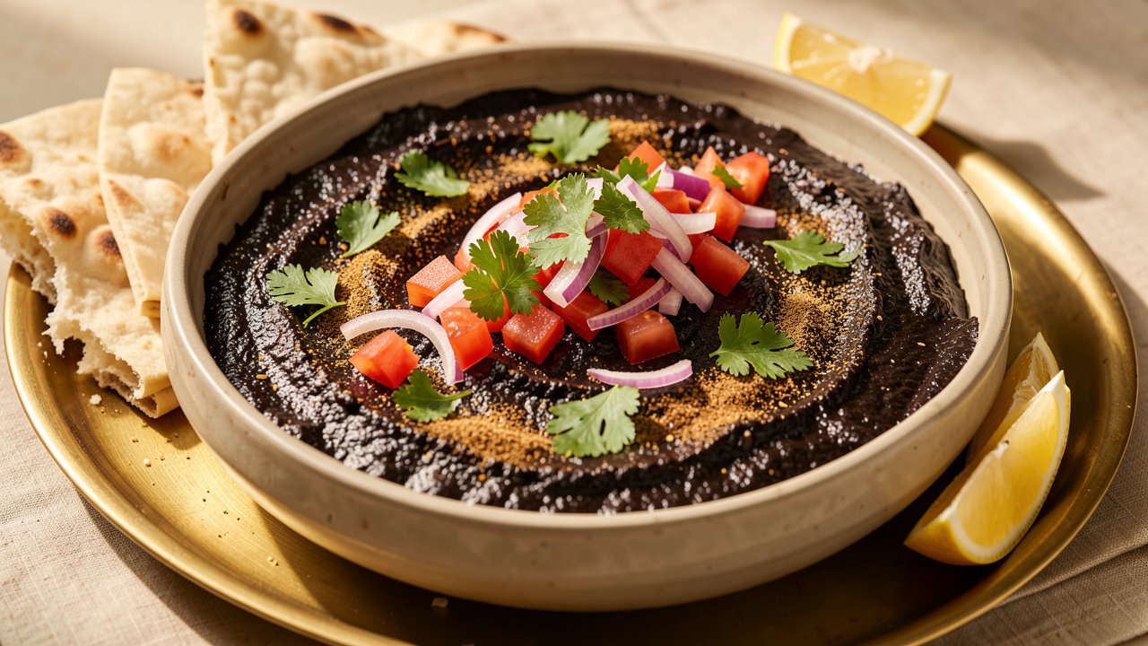 Finished salata aswad in a shallow dish topped with tomato and cilantro, flatbread alongside
