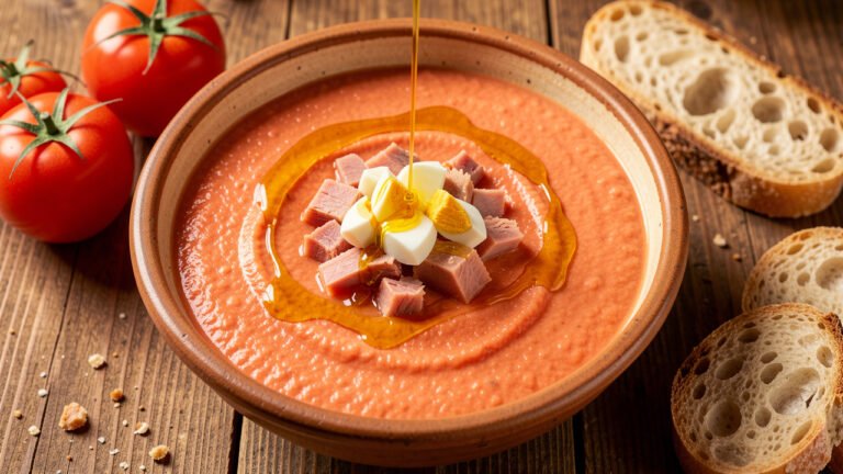 A shallow bowl of thick coral-orange salmorejo topped with chopped egg and diced smoked turkey