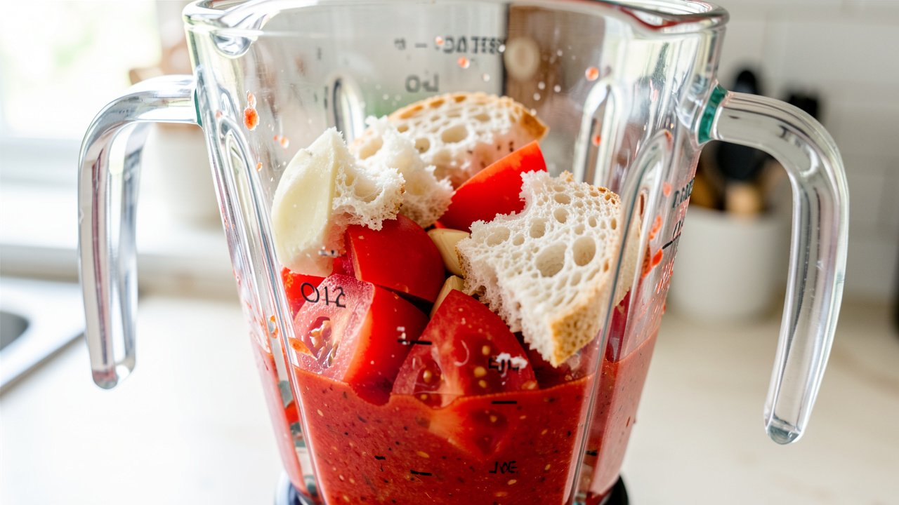 Tomatoes, stale bread, and garlic blending into a thick red puree in a blender