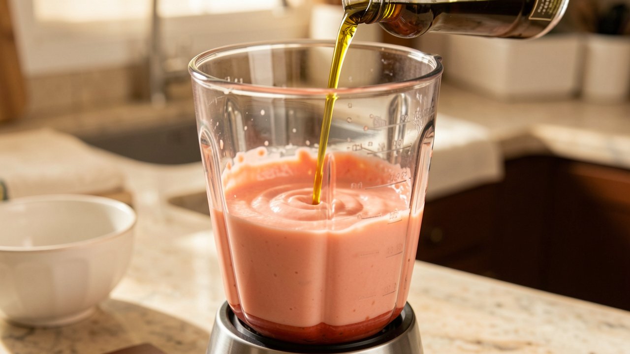 Olive oil streaming into the blender as the tomato base turns pale coral and creamy