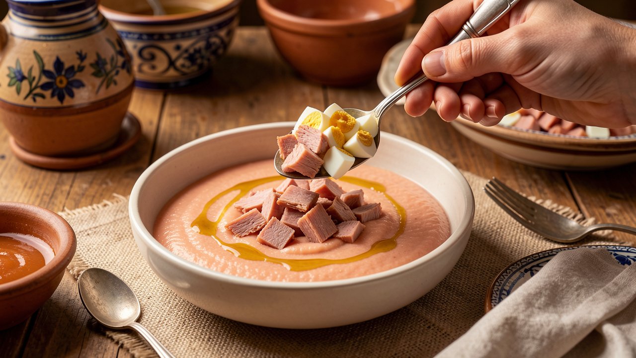 Chopped egg and diced smoked turkey being spooned over a bowl of pale coral salmorejo