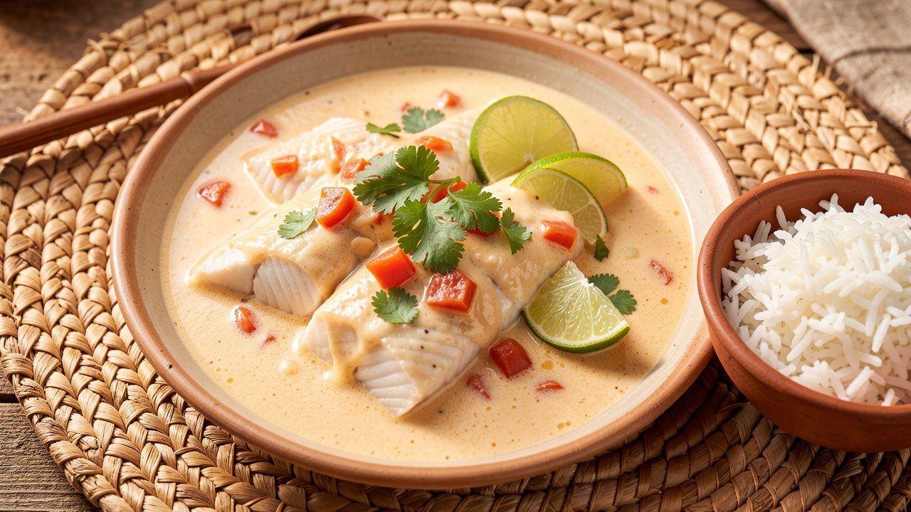 Samaki wa nazi, white fish in a creamy coconut and tomato curry topped with cilantro and lime, served with rice