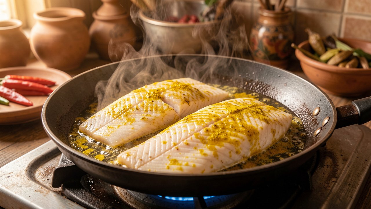 Turmeric-marinated white fish fillets searing golden in a hot pan