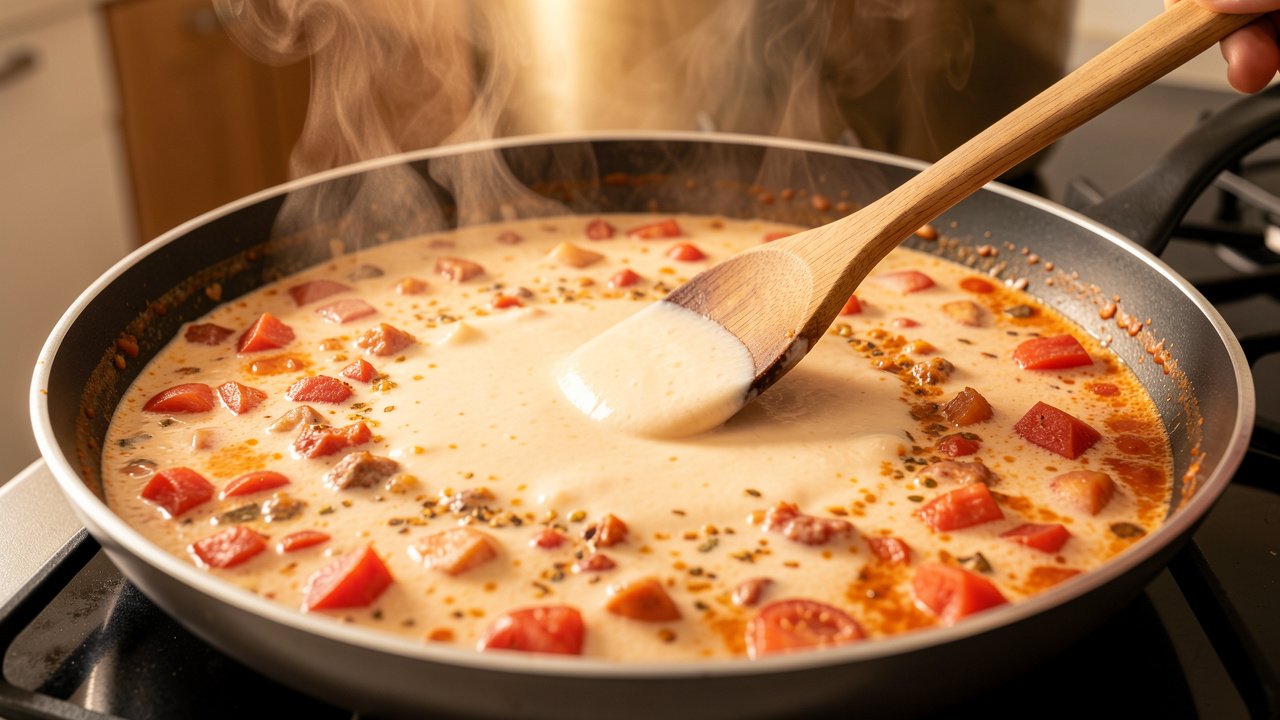 Coconut milk being stirred into a tomato base to make a creamy pale-orange curry sauce