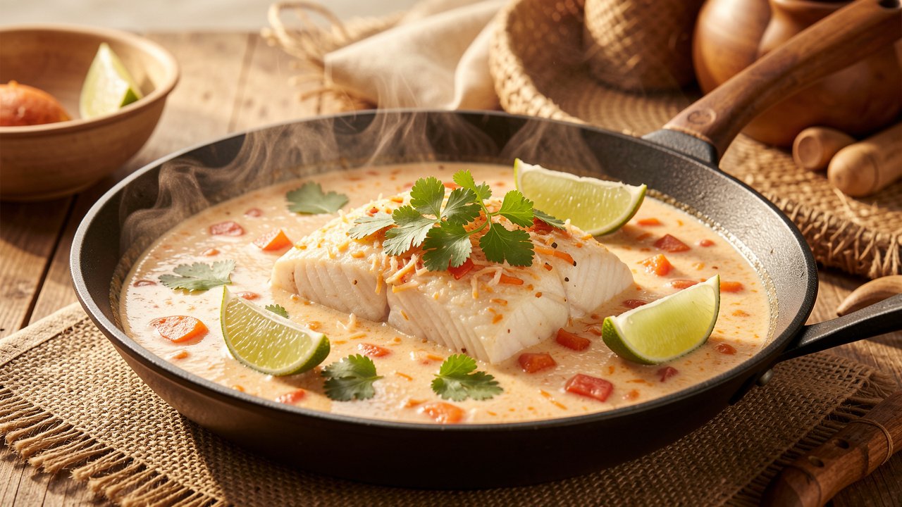 Finished samaki wa nazi garnished with cilantro and lime wedges in the pan