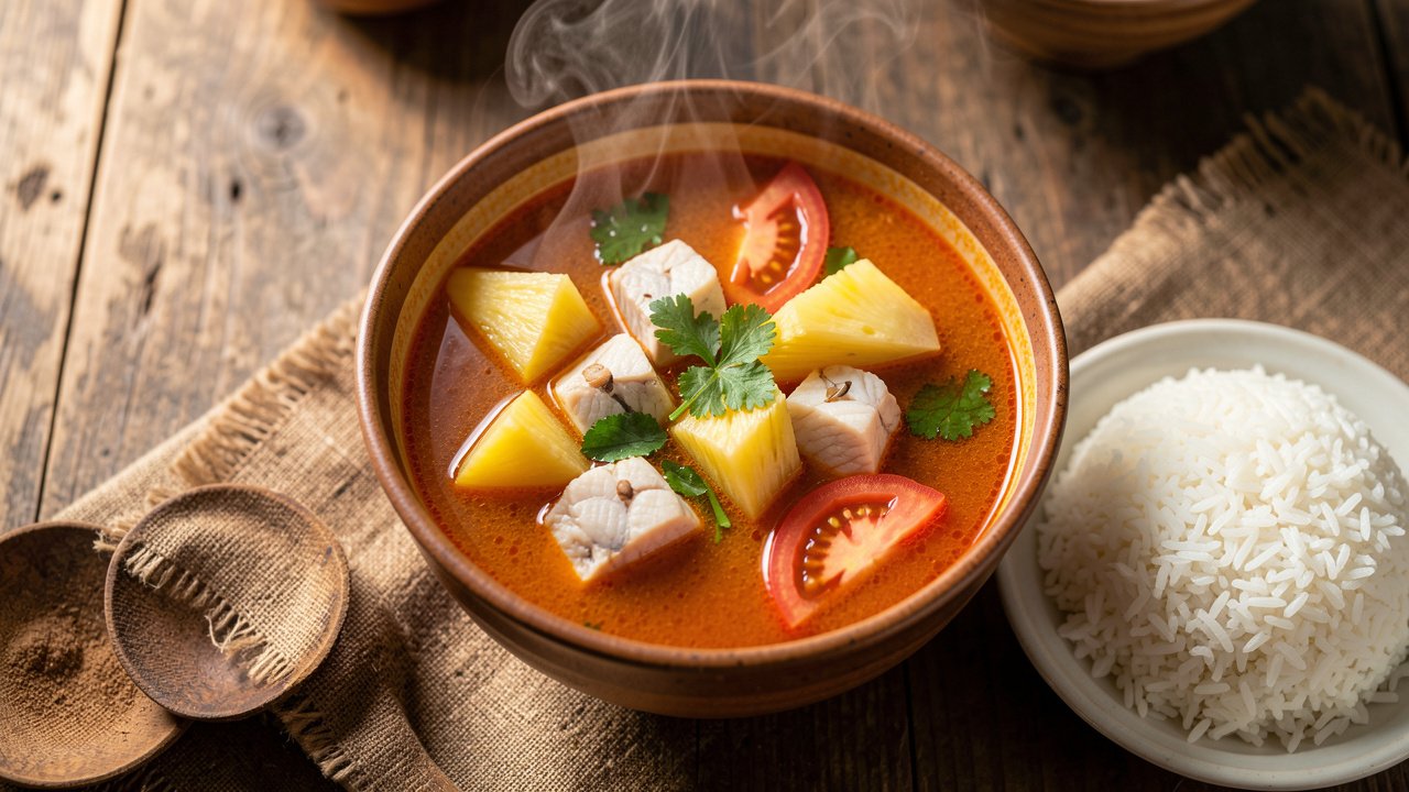 A steaming bowl of Cambodian samlar machu sour soup with fish, tomato, pineapple, and fresh herbs