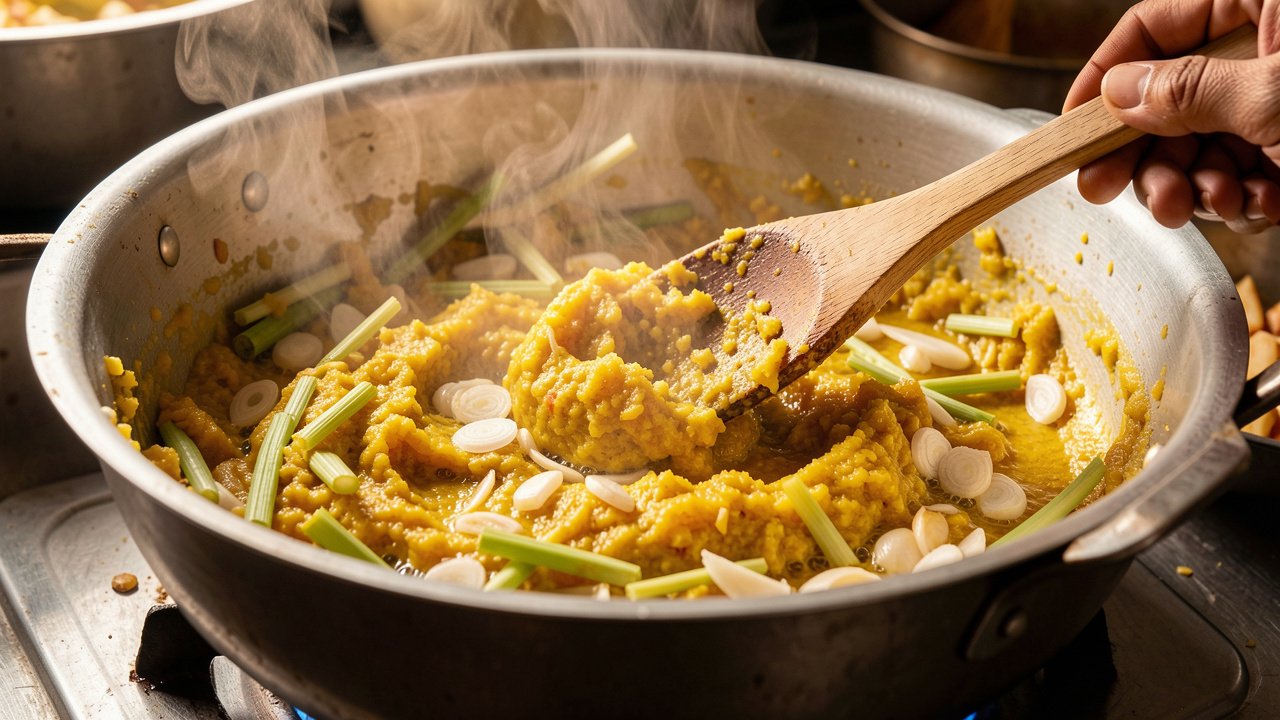 Golden kroeung paste frying with shallots in a pot