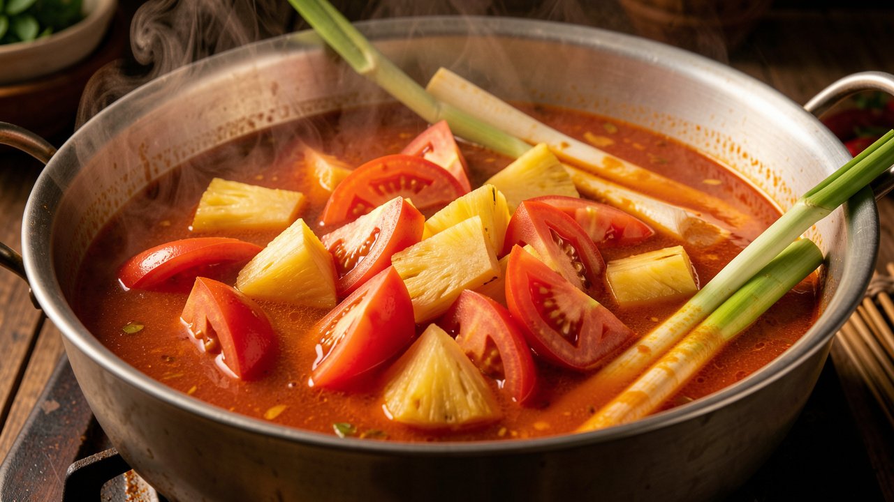 Tomato wedges and pineapple chunks simmering in a red-gold tamarind broth