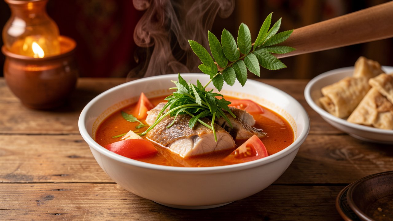 Finished samlar machu garnished with fresh herbs, fish, and tomato