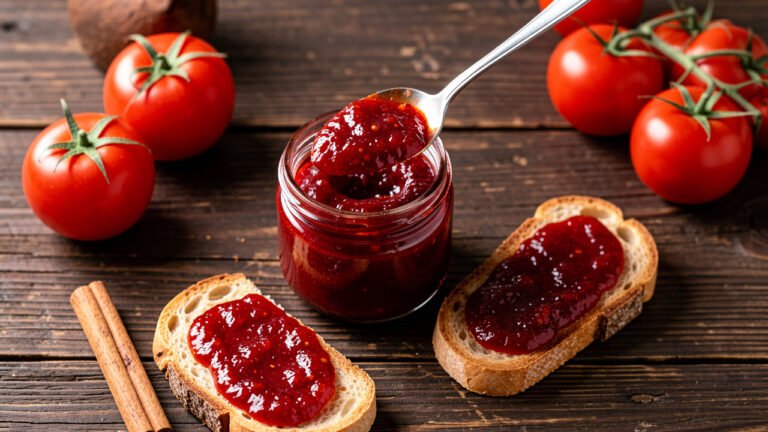 A jar of glossy savory tomato jam with a spoon and a slice of toast spread with jam
