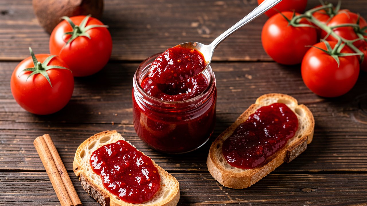A jar of glossy savory tomato jam with a spoon and a slice of toast spread with jam