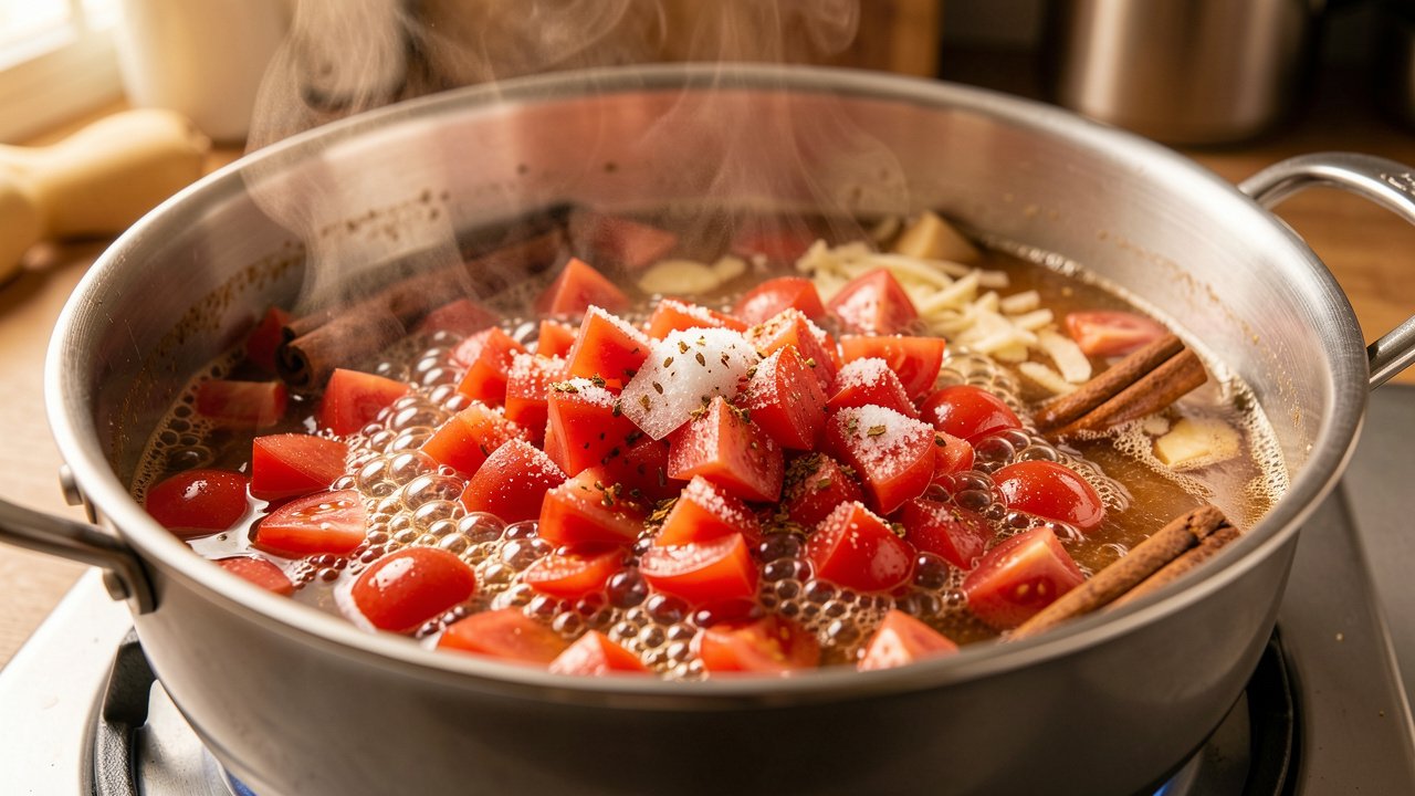 Chopped tomatoes, sugar, and spices coming to a bubble in a wide saucepan