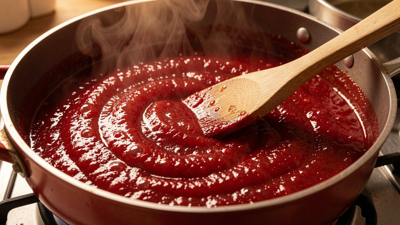 Tomato jam reduced to a thick glossy mass with a spoon trail across the pan