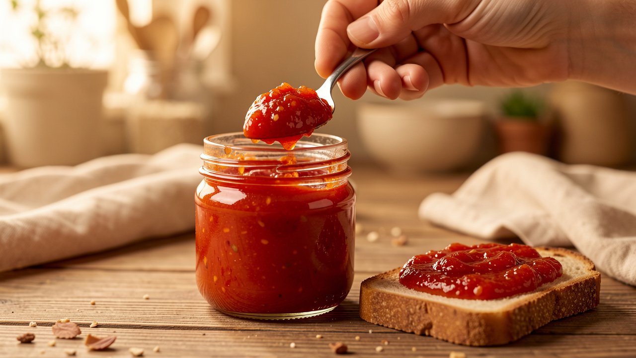 Finished savory tomato jam being spooned into a clean glass jar