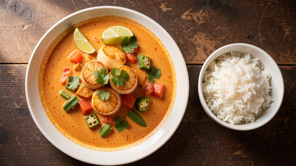 Seared scallops in coconut curry sauce with okra and tomatoes, served with rice and lime