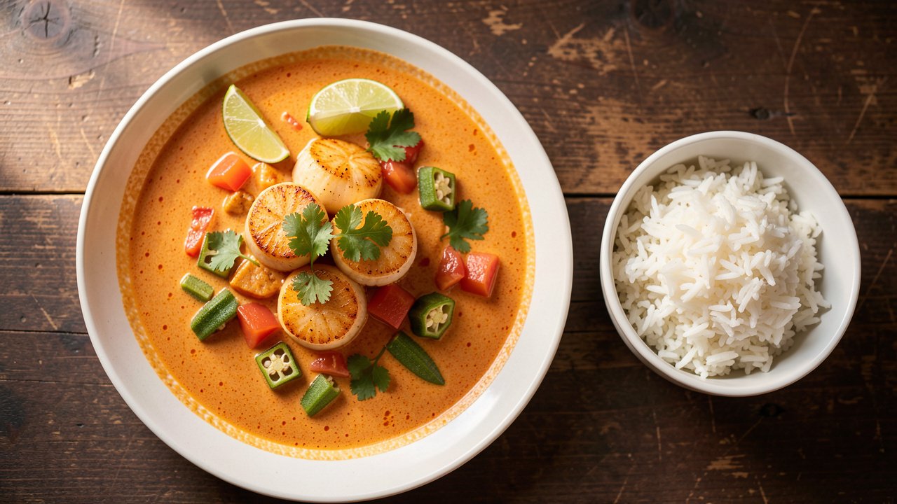 Seared scallops in coconut curry sauce with okra and tomatoes, served with rice and lime