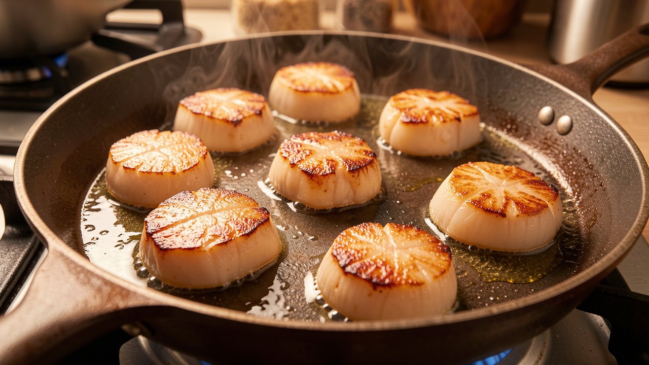 Sea scallops searing to a golden crust in a hot skillet