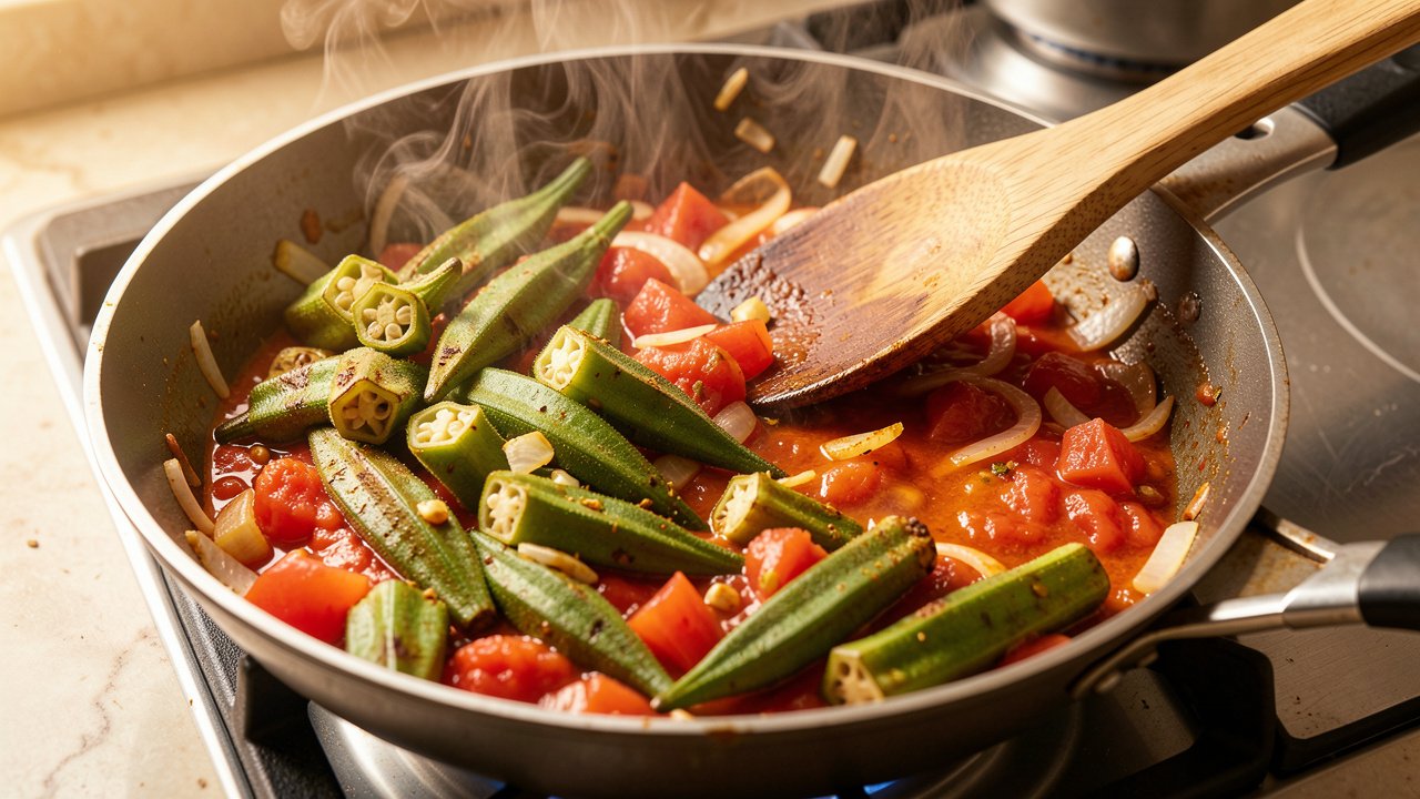 Sliced okra and tomatoes cooking with onions and curry spices in a skillet