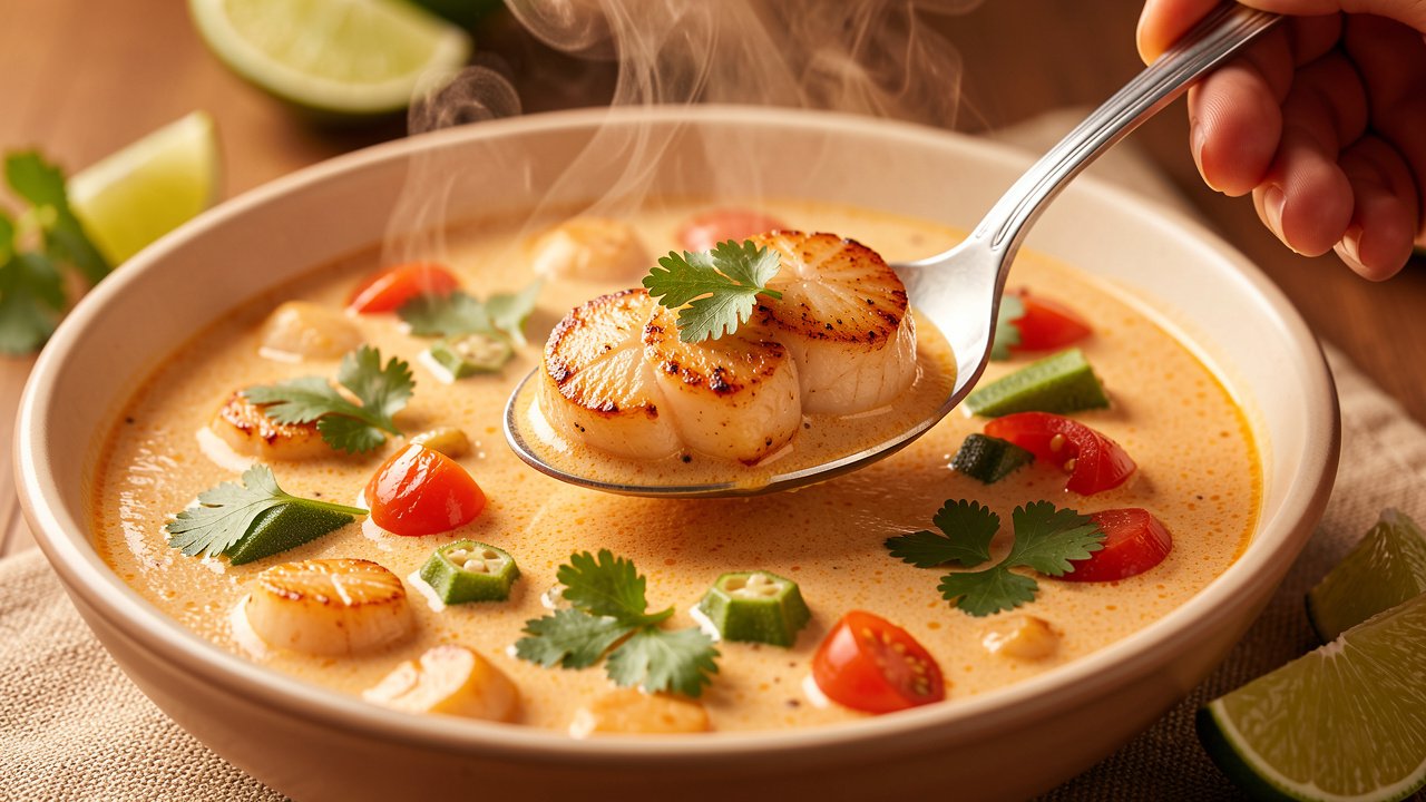 Seared scallops returned to coconut curry sauce with okra and tomatoes
