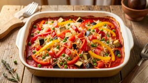 A baking dish of Serbian djuvec with rice and colorful vegetables in a red tomato base and a caramelized top