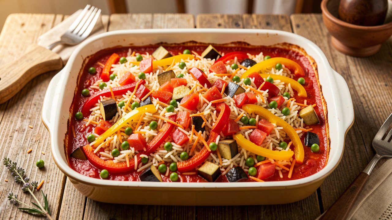 A baking dish of Serbian djuvec with rice and colorful vegetables in a red tomato base and a caramelized top
