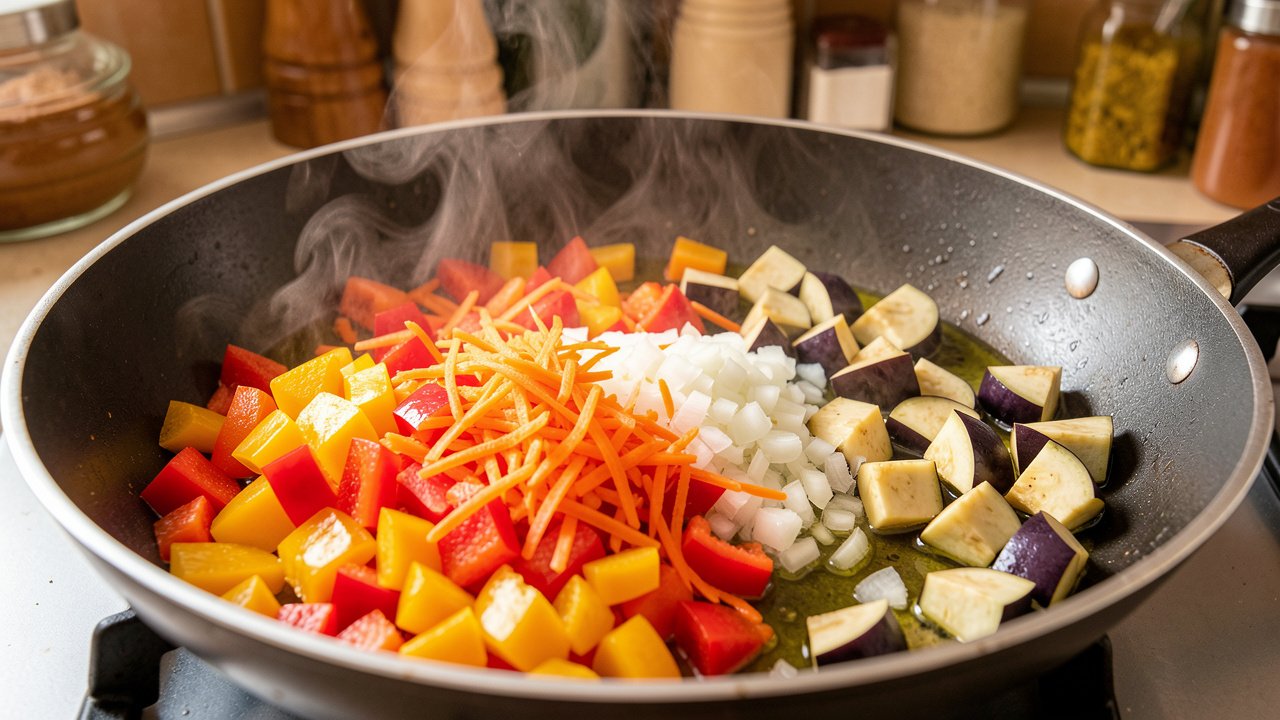 Bell peppers, carrot, onion, and eggplant sauteing in olive oil in a skillet