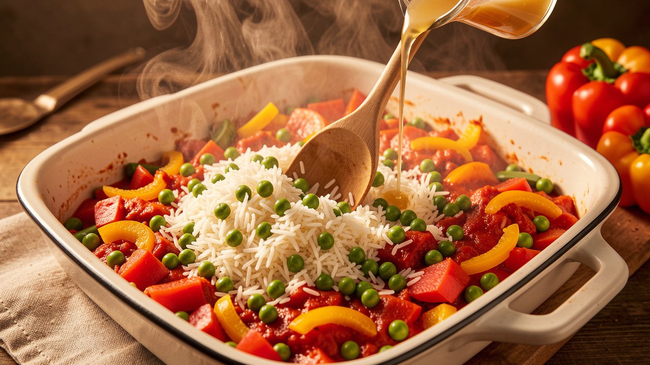 Rice and peas mixed with tomato vegetable base in a baking dish with broth poured over