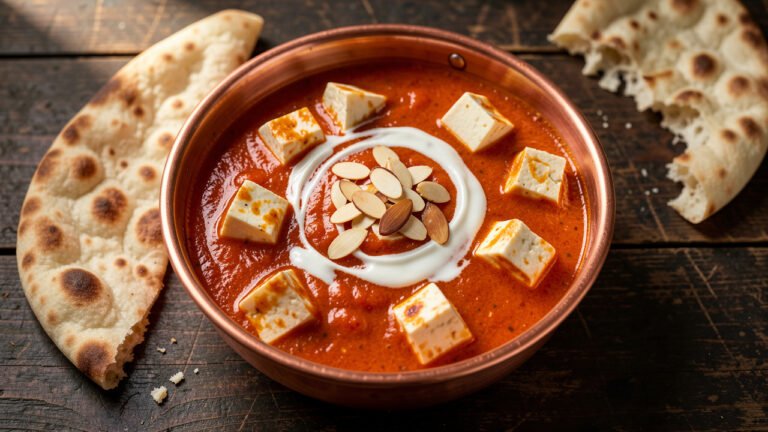 A bowl of shaahi paneer with soft paneer cubes in a creamy spiced tomato gravy, served with naan