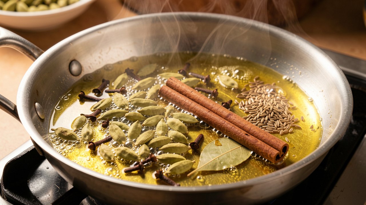 Cardamom, cloves, cinnamon and cumin seeds blooming in hot ghee